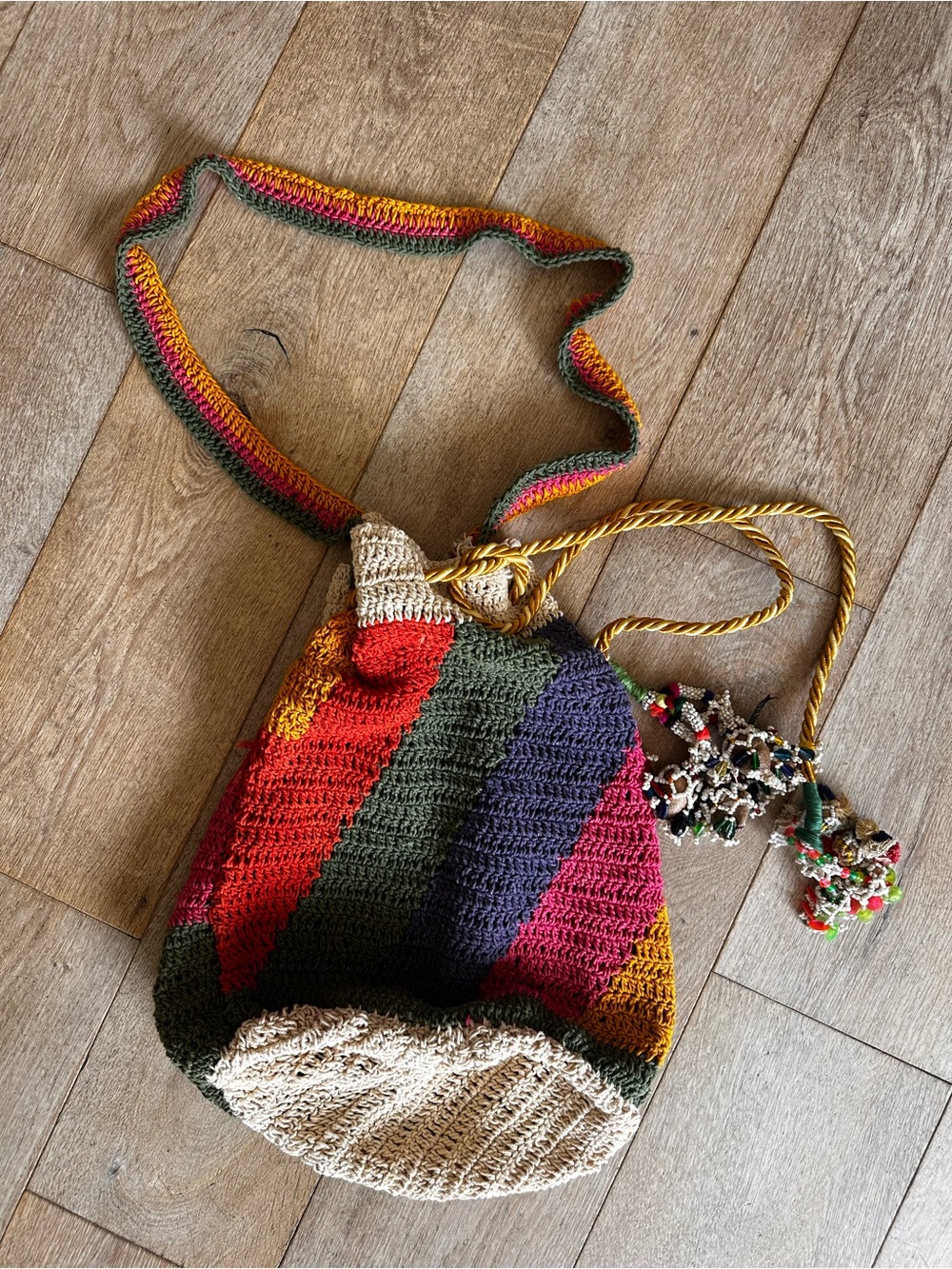 Boho Handmade Multicolor Crochet Drawstring Shoulder Bag